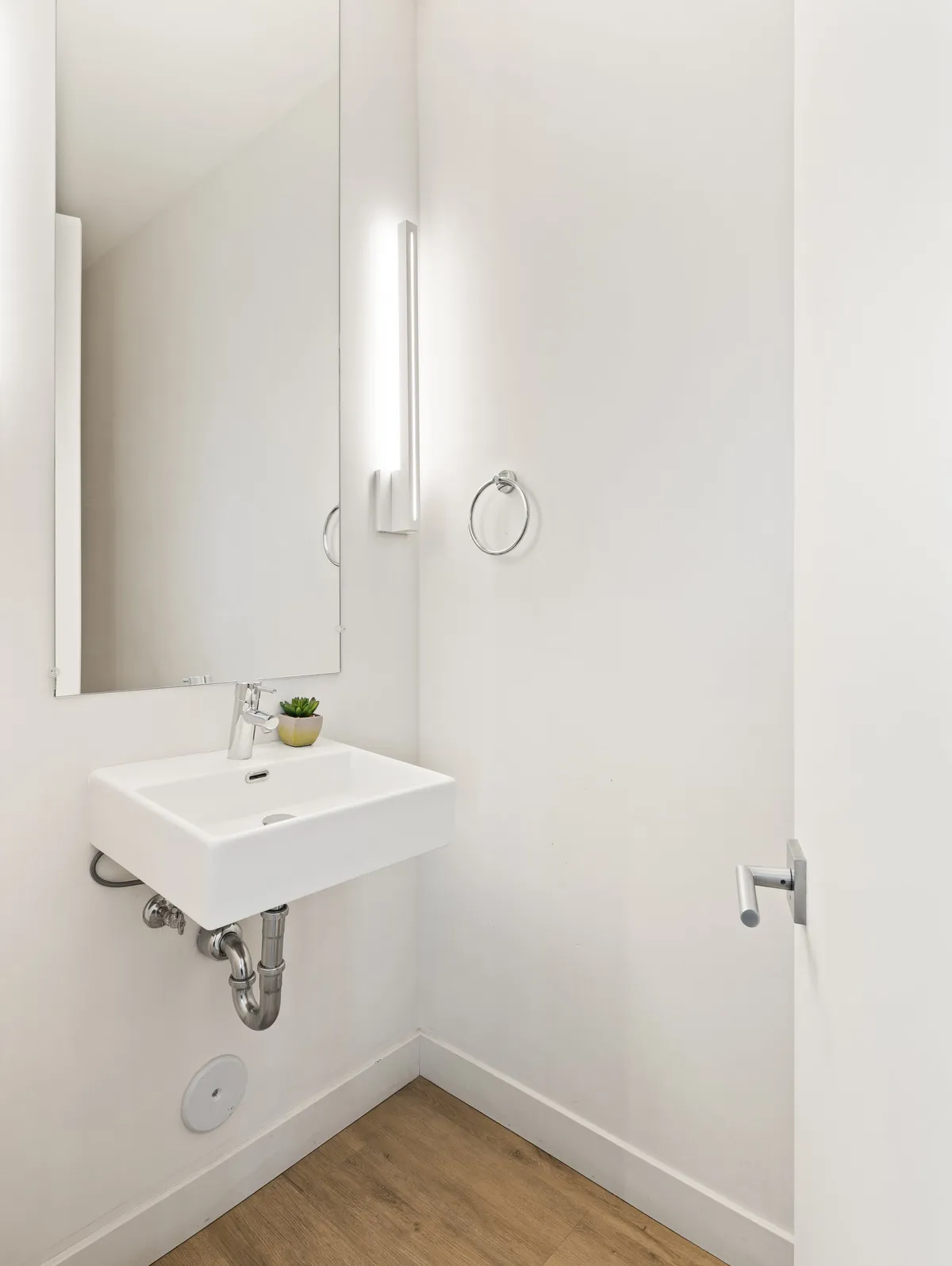 A bright, clean bathroom with a modern sink, large mirror, and a small potted plant adding a touch of freshness. The space looks minimalistic and well-maintained, ideal for personal routines.